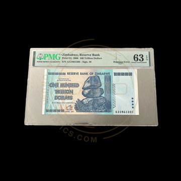 Zimbabwe-100 Trillion Dollar Pmg 63 Printing Error No Logo Bird